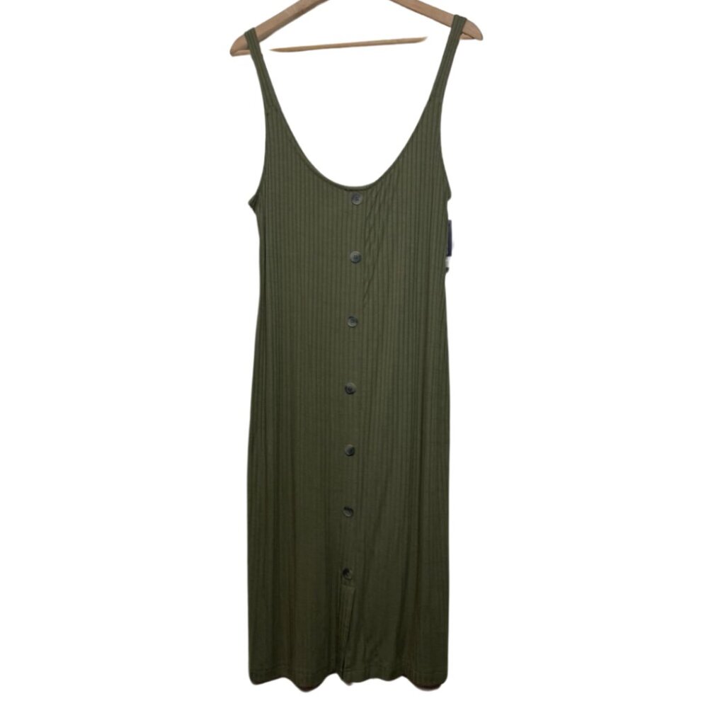 BP | NWT Women's Hunter Green Ribbed Button Front Midi Length Dress | Size L